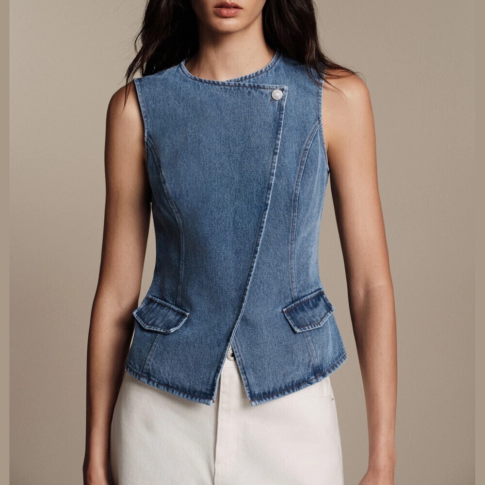 Medium Wash Denim Asymmetric Zip Front Flap Pocket Peplum Vest